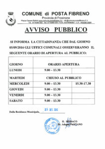 ORAIO UFFICI COMUNALI DA SETTEMBRE 2016